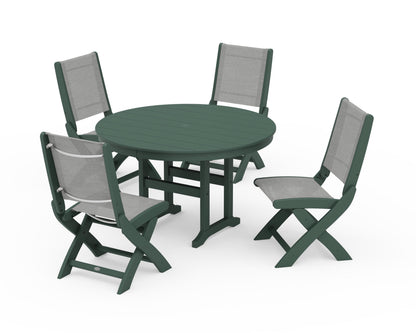 POLYWOOD® Coastal Folding Side Chair 5-Piece Round Dining Set in Green / Metallic Sling