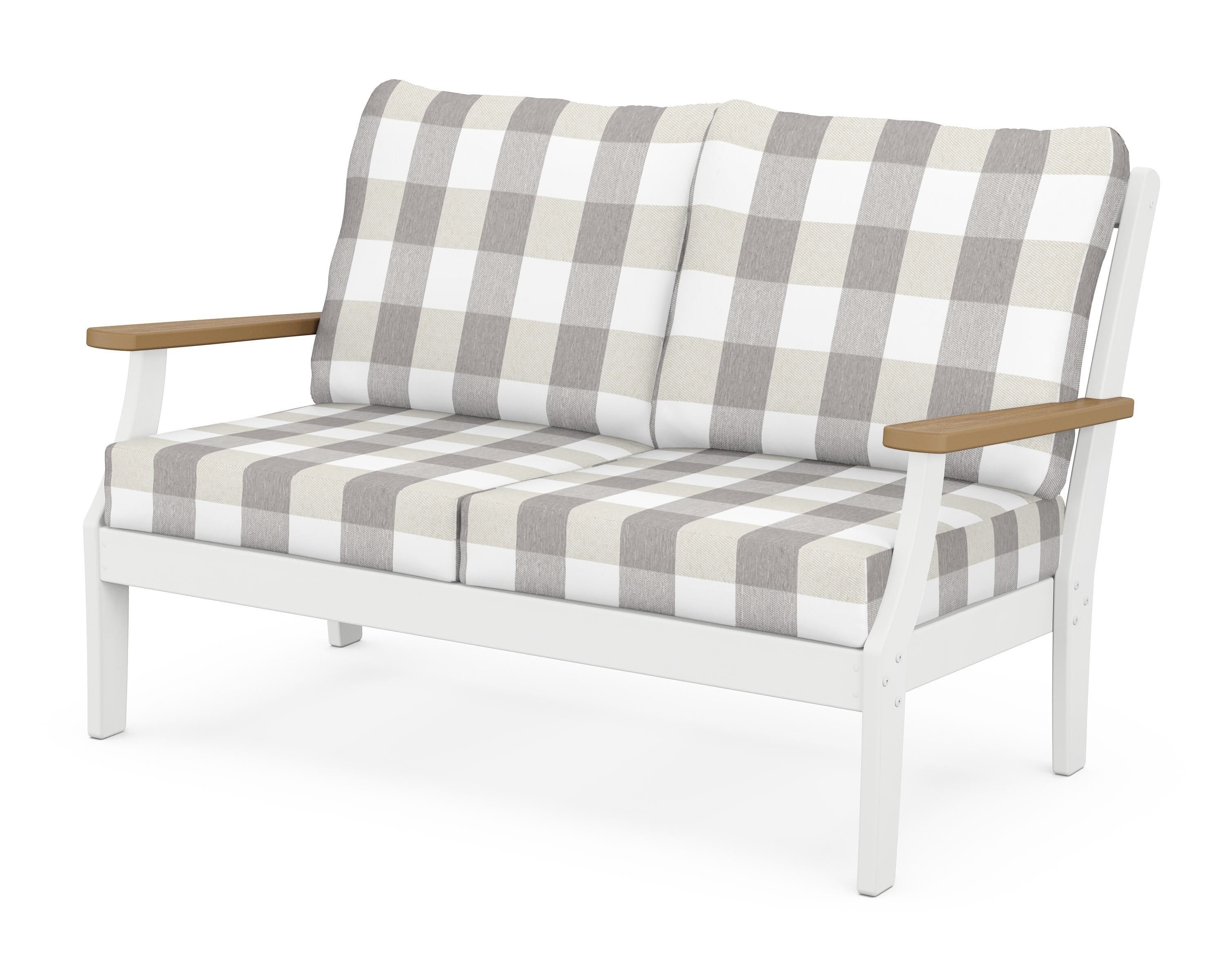POLYWOOD® Braxton Deep Seating Loveseat in White / Natural / Buffalo Plaid Grey Mist