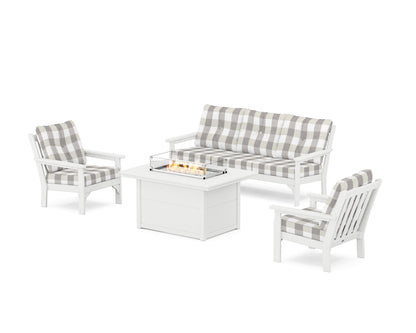 POLYWOOD® Vineyard Deep Seating Fire Pit Table Set in White / Buffalo Plaid Grey Mist