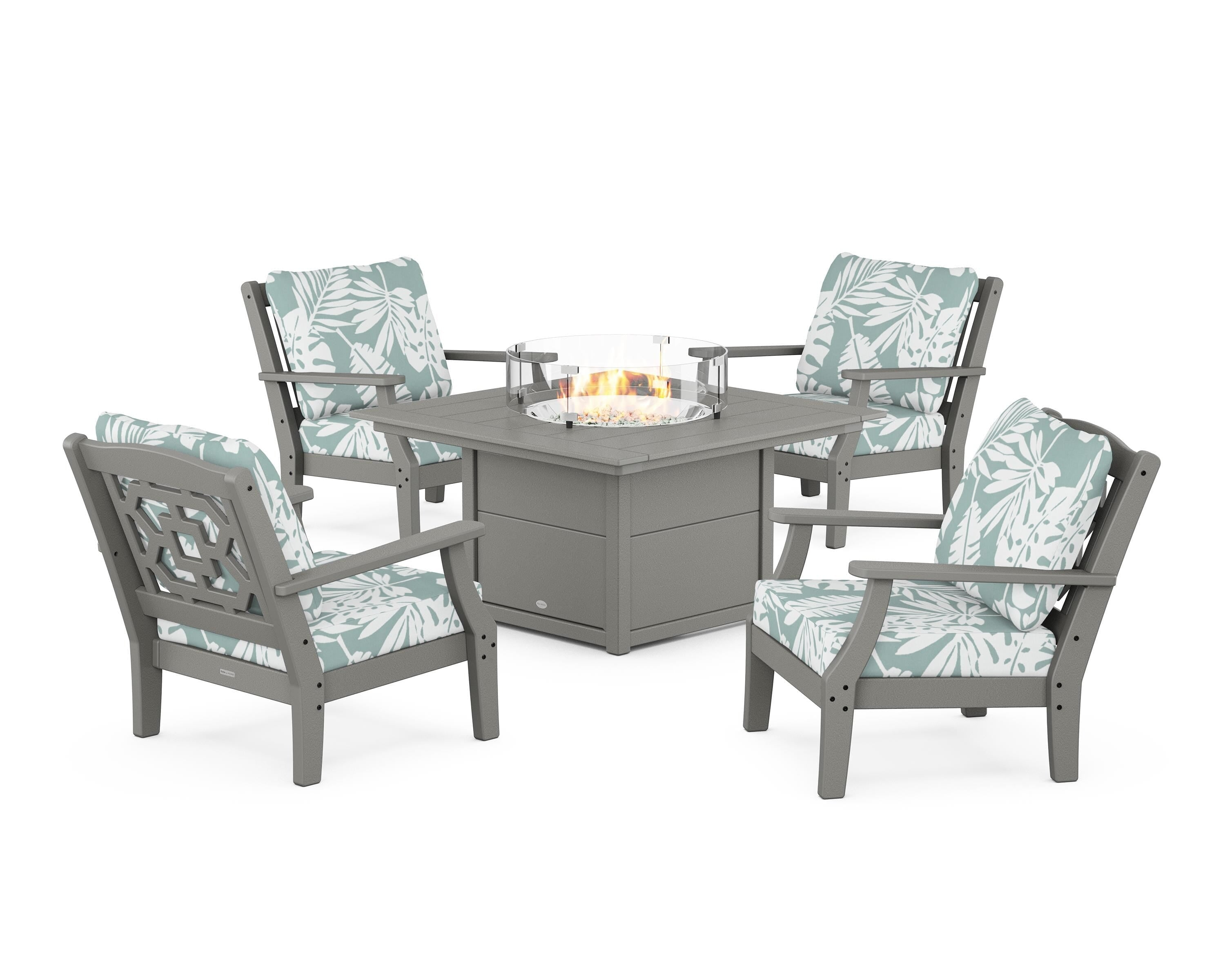 Martha Stewart by POLYWOOD® Chinoiserie 5-Piece Deep Seating Set with Fire Pit Table in Slate Grey / Leaf Glacier Spa