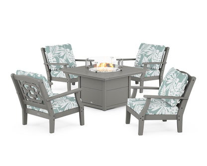 Martha Stewart by POLYWOOD® Chinoiserie 5-Piece Deep Seating Set with Fire Pit Table in Slate Grey / Leaf Glacier Spa