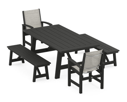 POLYWOOD® Coastal 5-Piece Rustic Farmhouse Dining Set With Benches in Black / Birch Sling