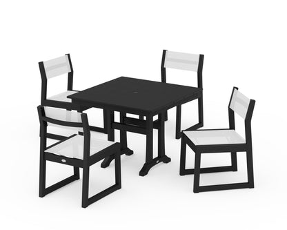 POLYWOOD® EDGE Sling 5-Piece Farmhouse Trestle Side Chair Dining Set in Black / White Sling
