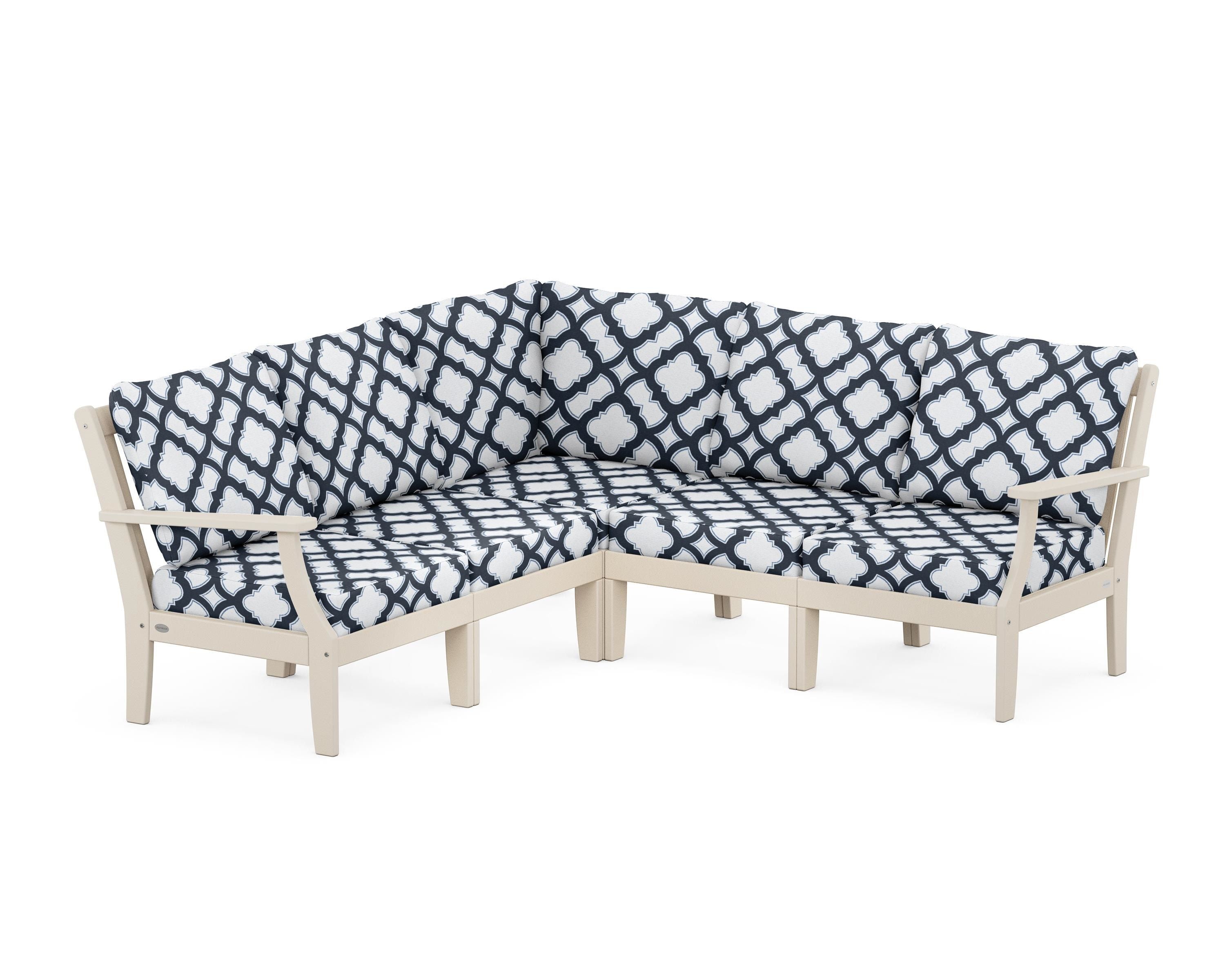 POLYWOOD® Braxton Modular 5-Piece Deep Seating Set in Sand / Trellis Marine Indigo