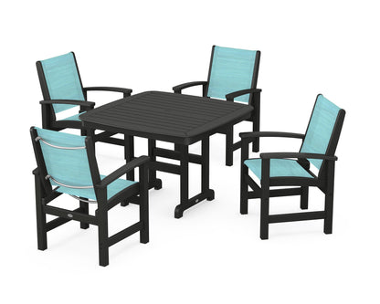 POLYWOOD® Coastal 5-Piece Dining Set in Black / Dupioni Aquamarine Sling