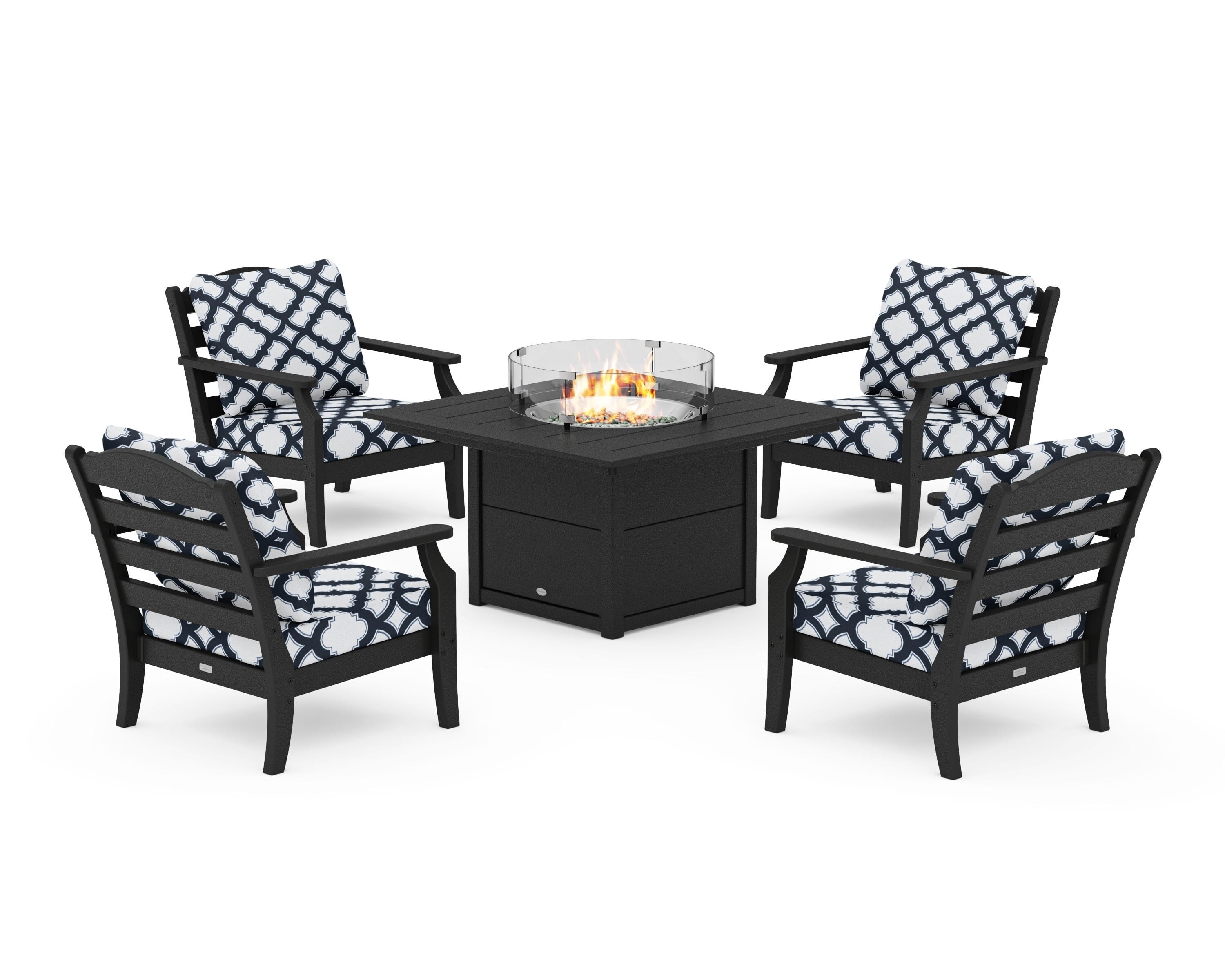 Draper James™ by  POLYWOOD® Savannah 5-Piece Deep Seating Set with Fire Pit Table in Black / Trellis Marine Indigo