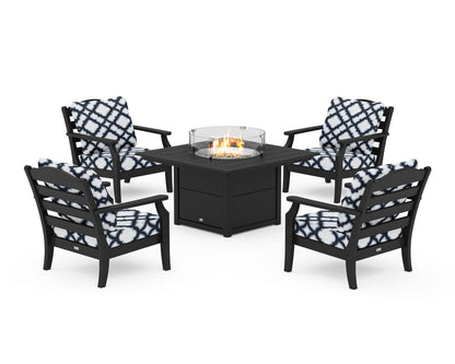 Draper James™ by  POLYWOOD® Savannah 5-Piece Deep Seating Set with Fire Pit Table in Black / Trellis Marine Indigo