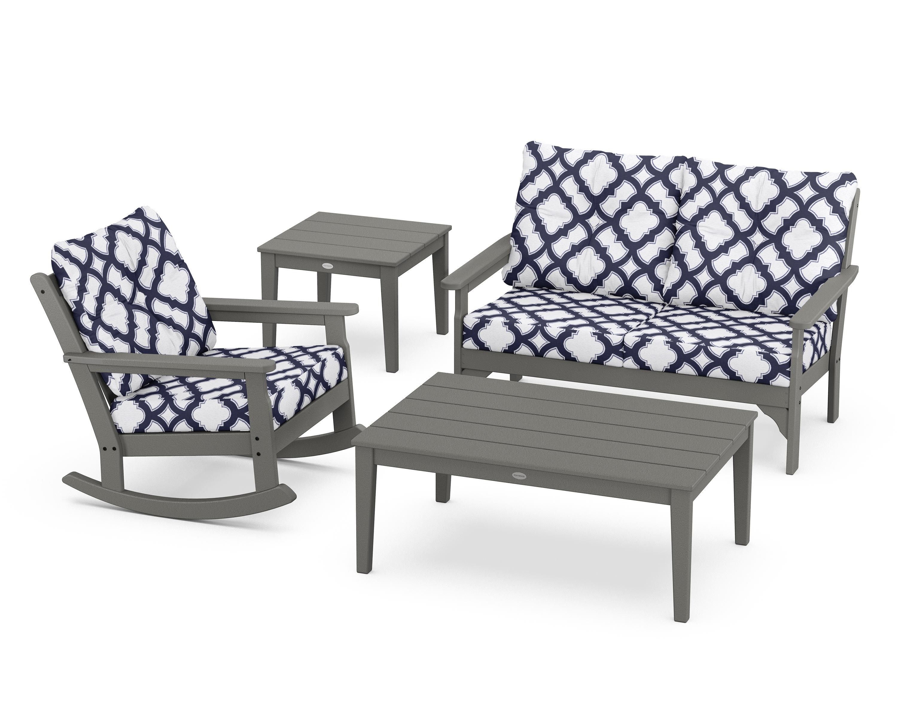 POLYWOOD® Vineyard 4-Piece Deep Seating Rocker Set in Slate Grey / Trellis Navy