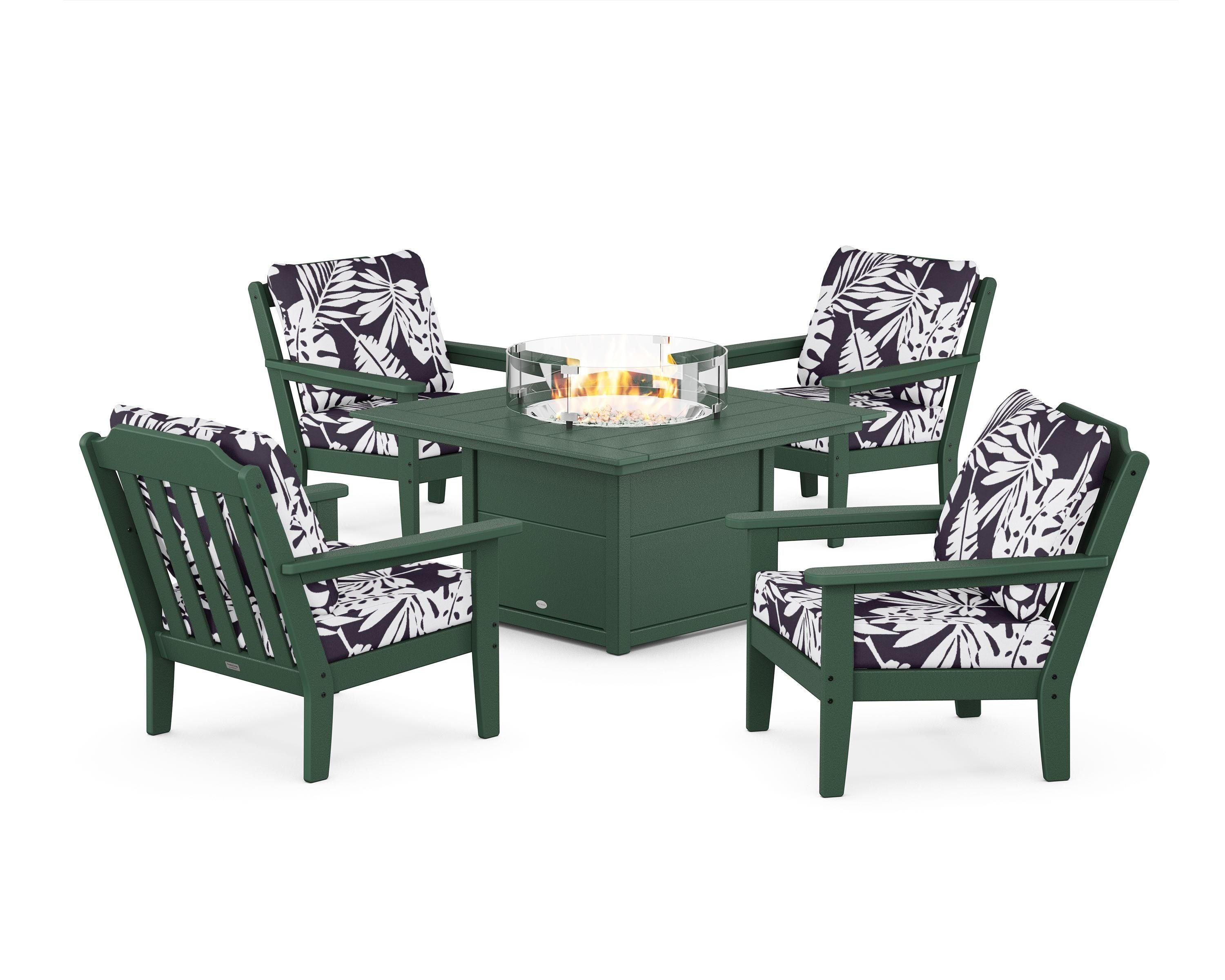 Country Living Cottage 5-Piece Deep Seating Set with Fire Pit Table in Green / Leaf Navy