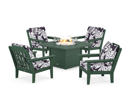 Country Living Cottage 5-Piece Deep Seating Set with Fire Pit Table in Green / Leaf Navy