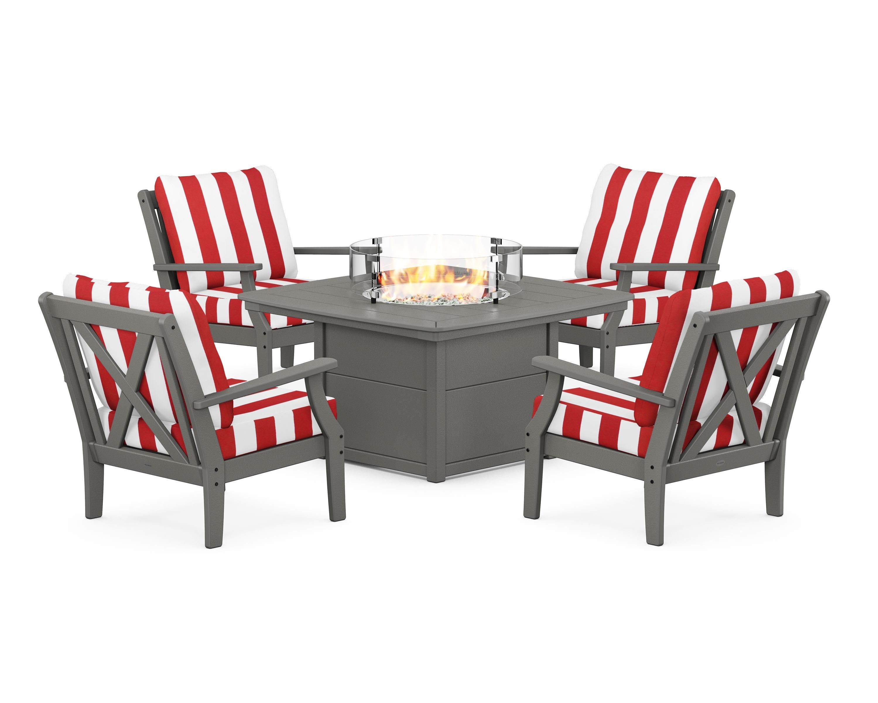 POLYWOOD® Braxton 5-Piece Deep Seating Conversation Set with Fire Pit Table in Slate Grey / Cabana Stripe Crimson