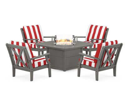 POLYWOOD® Braxton 5-Piece Deep Seating Conversation Set with Fire Pit Table in Slate Grey / Cabana Stripe Crimson