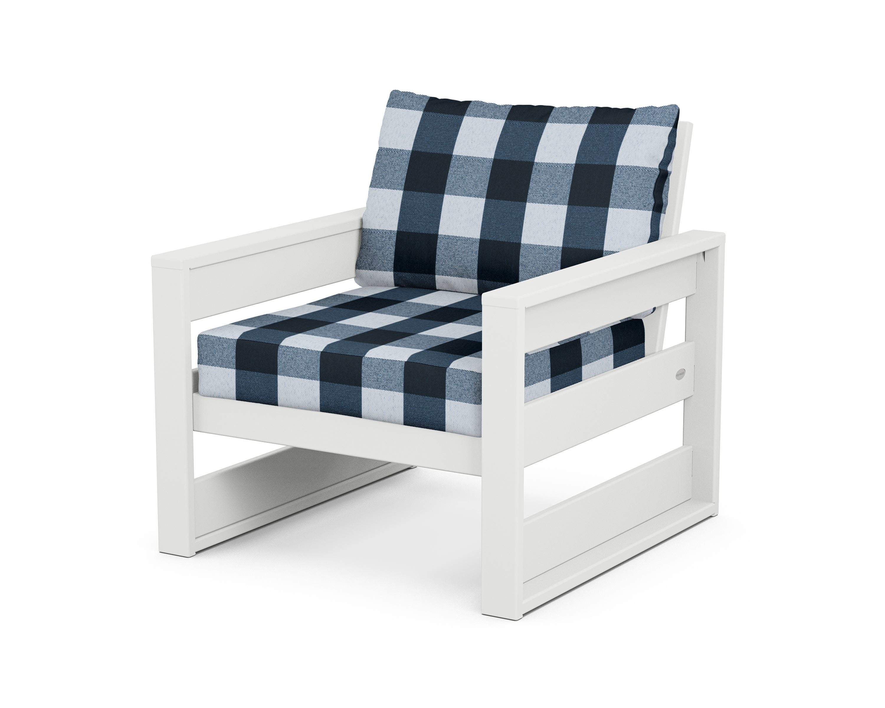 POLYWOOD® Westport Club Chair in White / Buffalo Plaid Marine Indigo