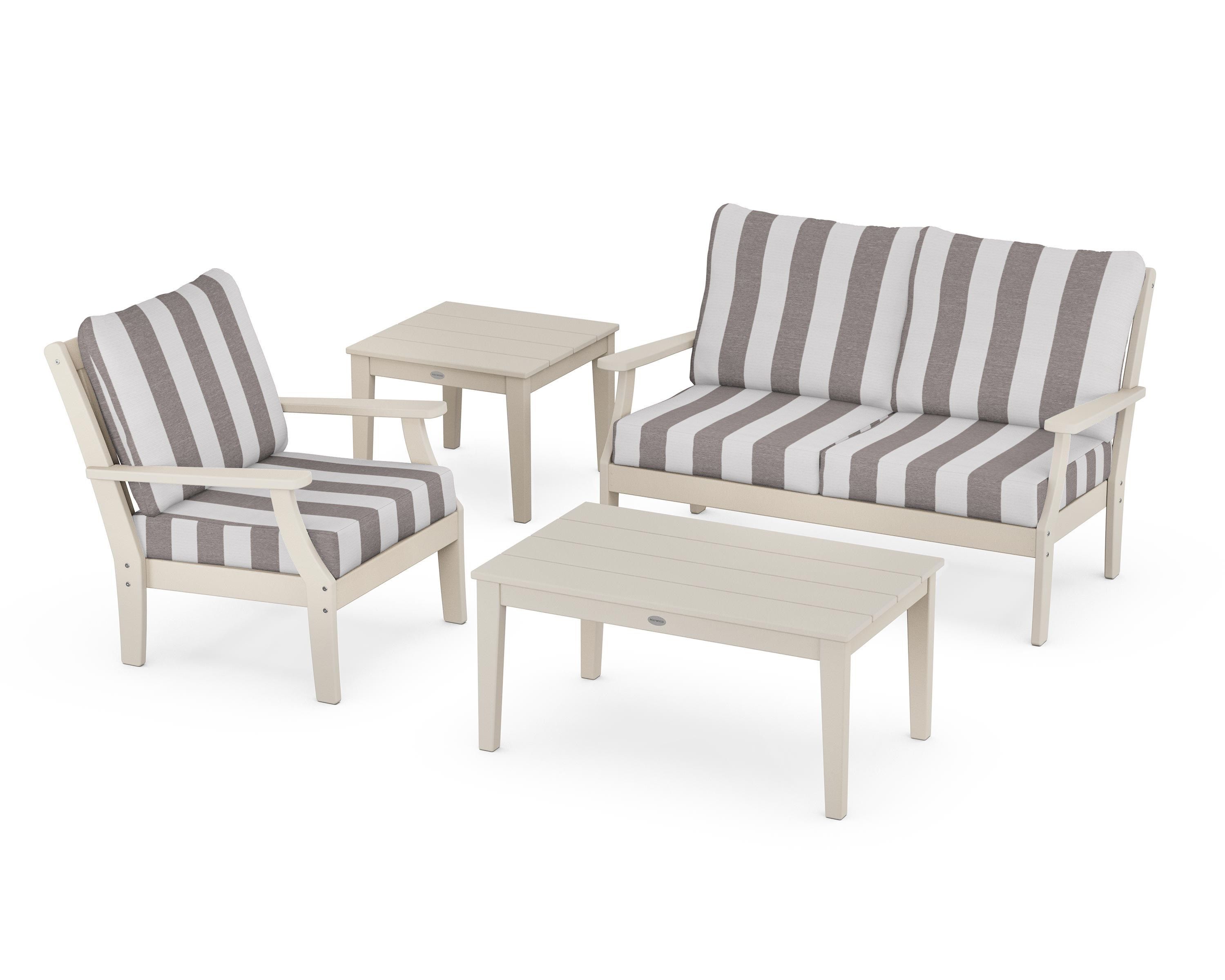 POLYWOOD® Braxton 4-Piece Deep Seating Set in Sand / Cabana Stripe Grey Mist