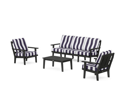 POLYWOOD® Mission 4-Piece Deep Seating Set with Sofa in Black / Cabana Stripe Navy