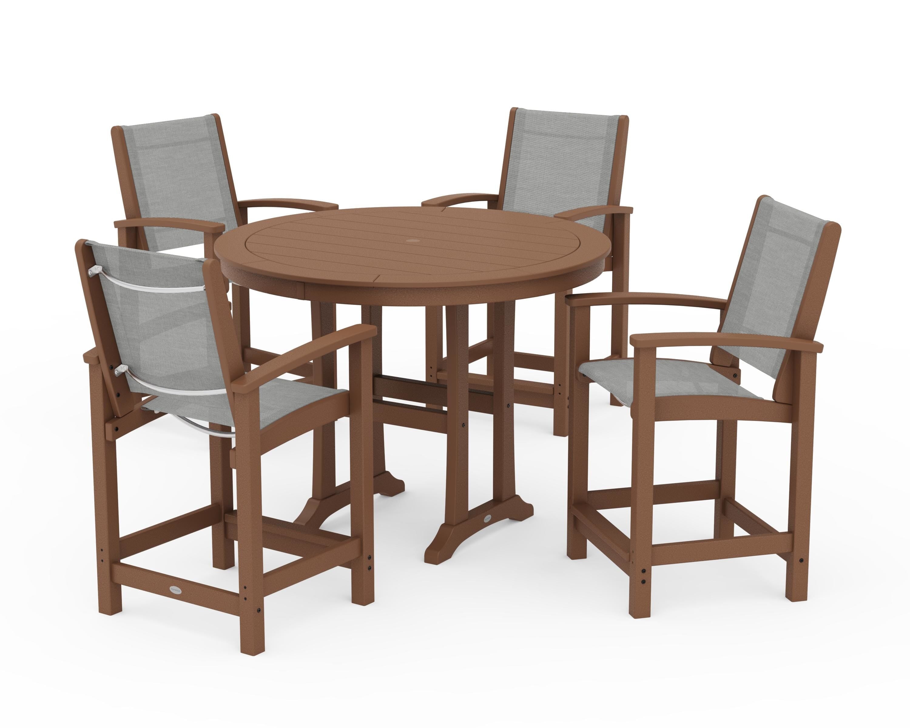 POLYWOOD® Coastal 5-Piece Counter Set in Teak / Metallic Sling