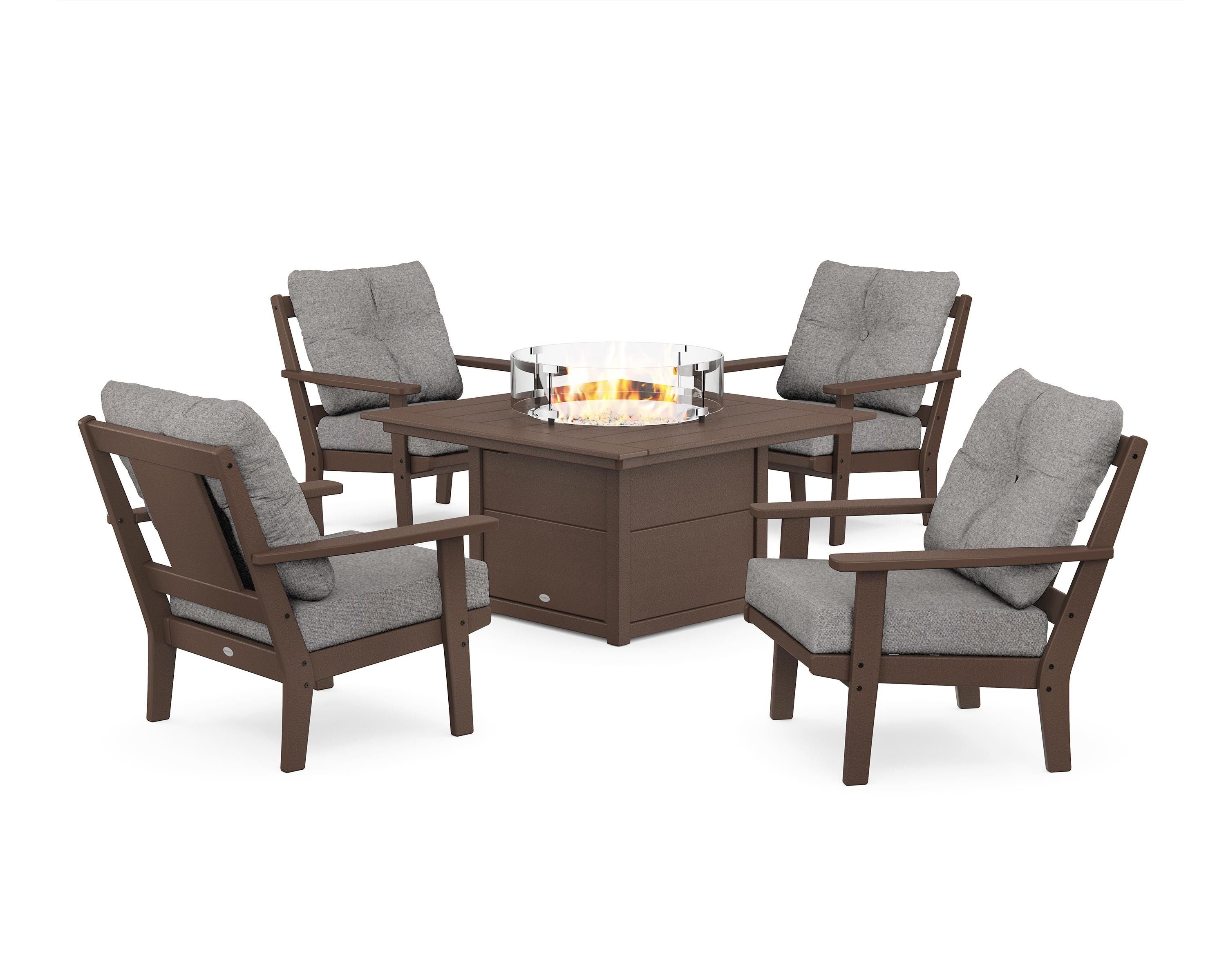 POLYWOOD® Prairie 5-Piece Deep Seating Set with Fire Pit Table in Mahogany / Grey Mist