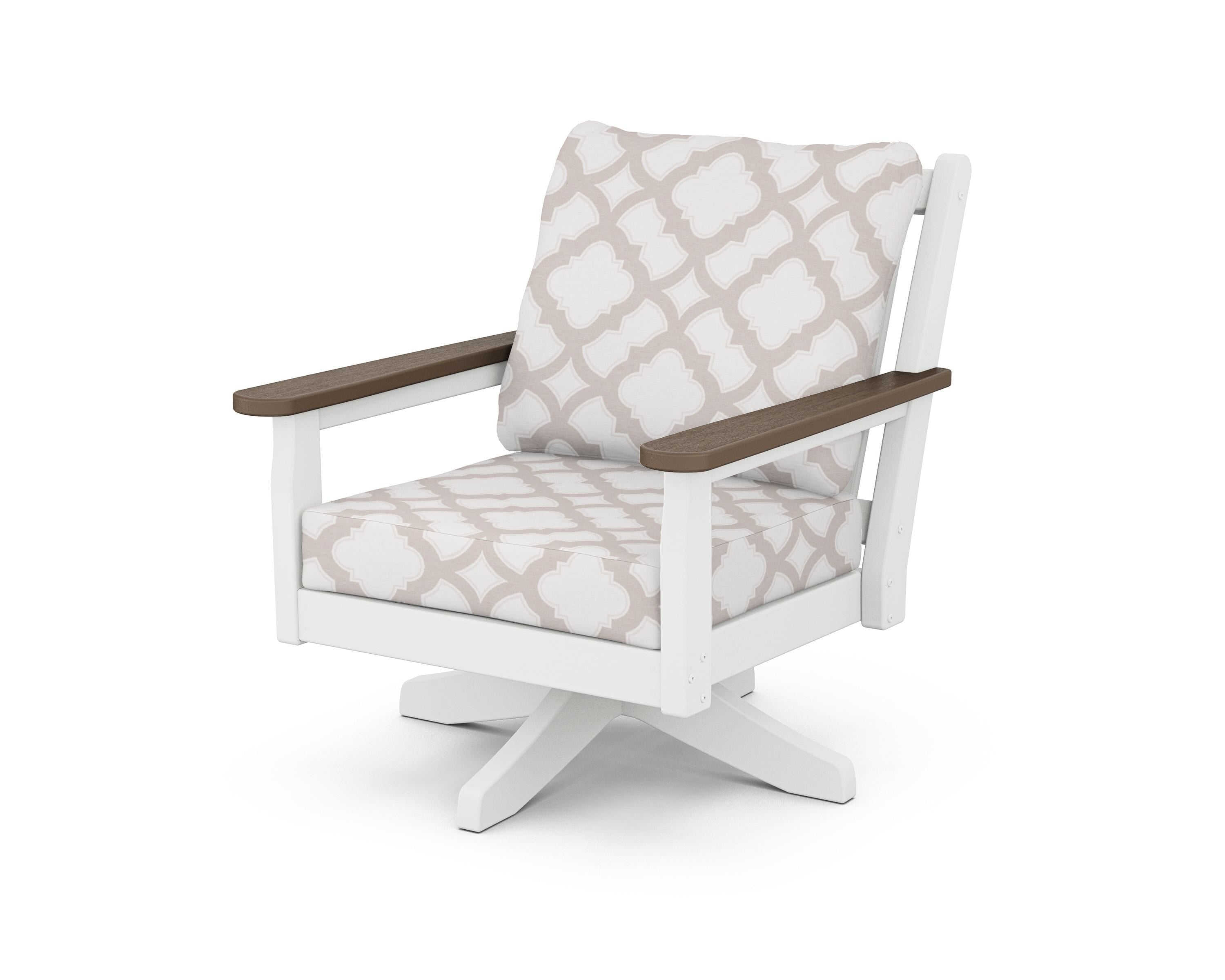 POLYWOOD® Chippendale Deep Seating Swivel Chair in White / Kona / Trellis Dune Burlap
