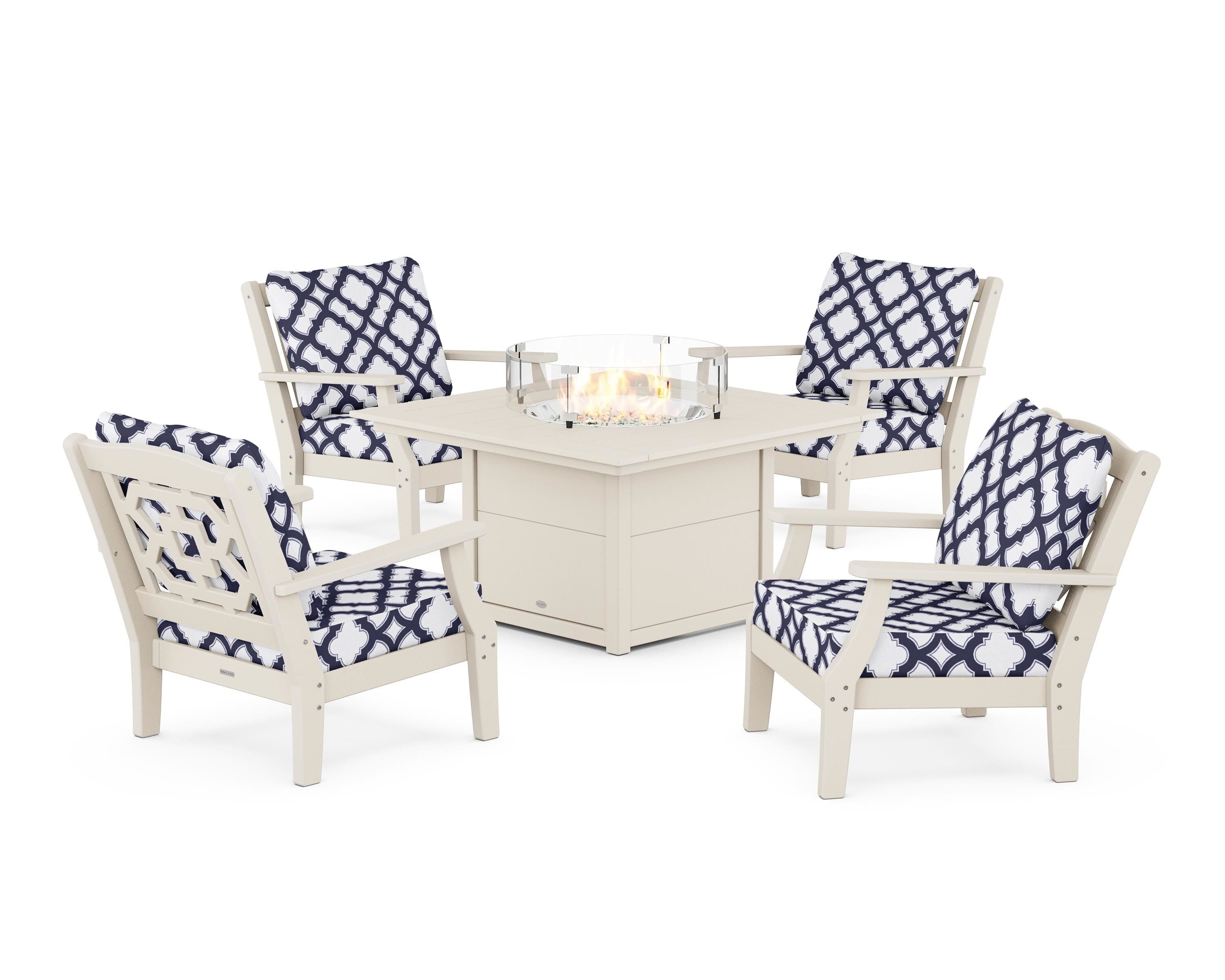 Martha Stewart by POLYWOOD® Chinoiserie 5-Piece Deep Seating Set with Fire Pit Table in Sand / Trellis Navy