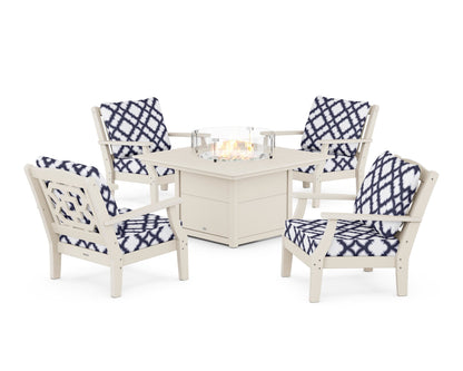 Martha Stewart by POLYWOOD® Chinoiserie 5-Piece Deep Seating Set with Fire Pit Table in Sand / Trellis Navy