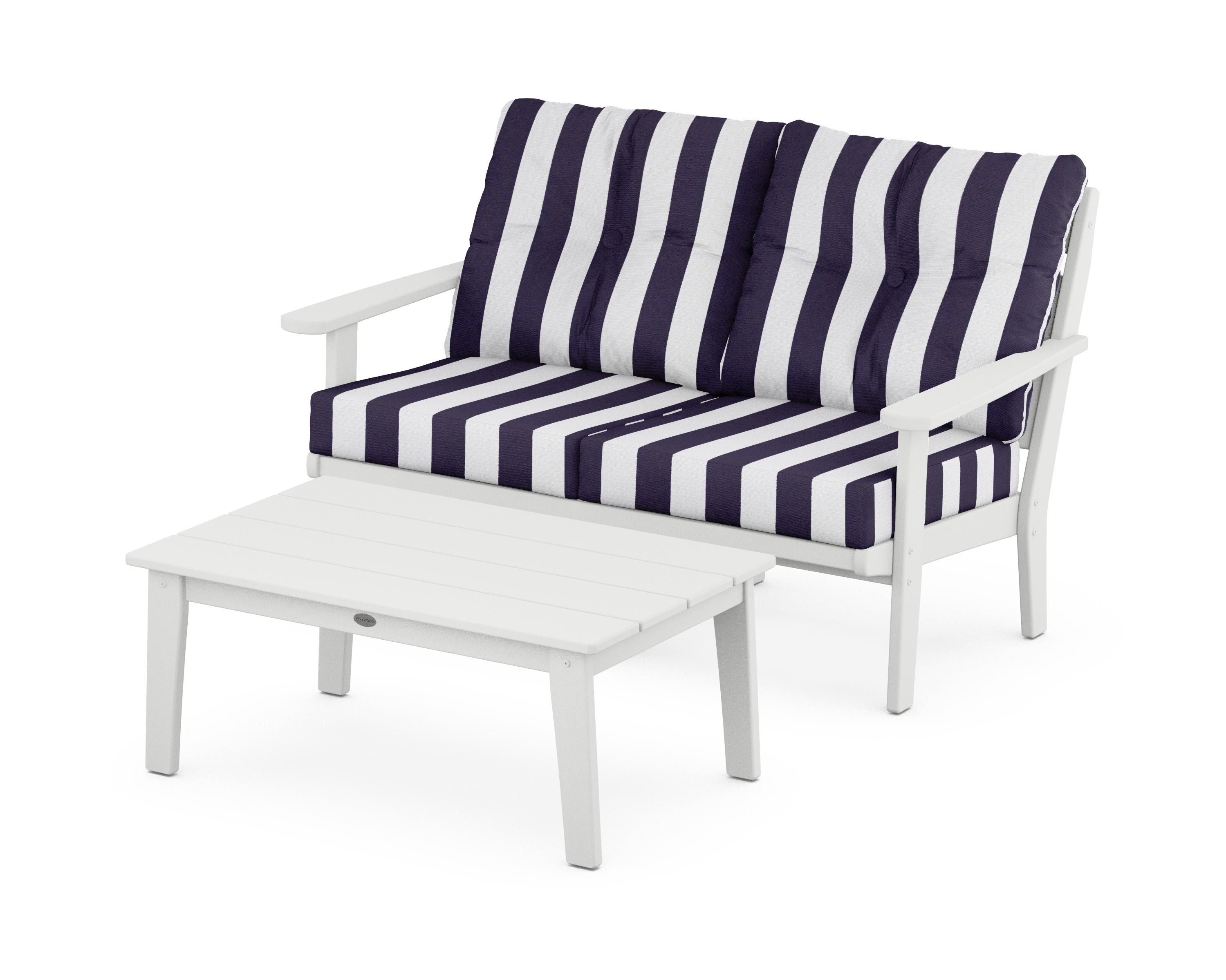 POLYWOOD® Lakeside 2-Piece Lounge Loveseat Set in White / Cabana Stripe Navy