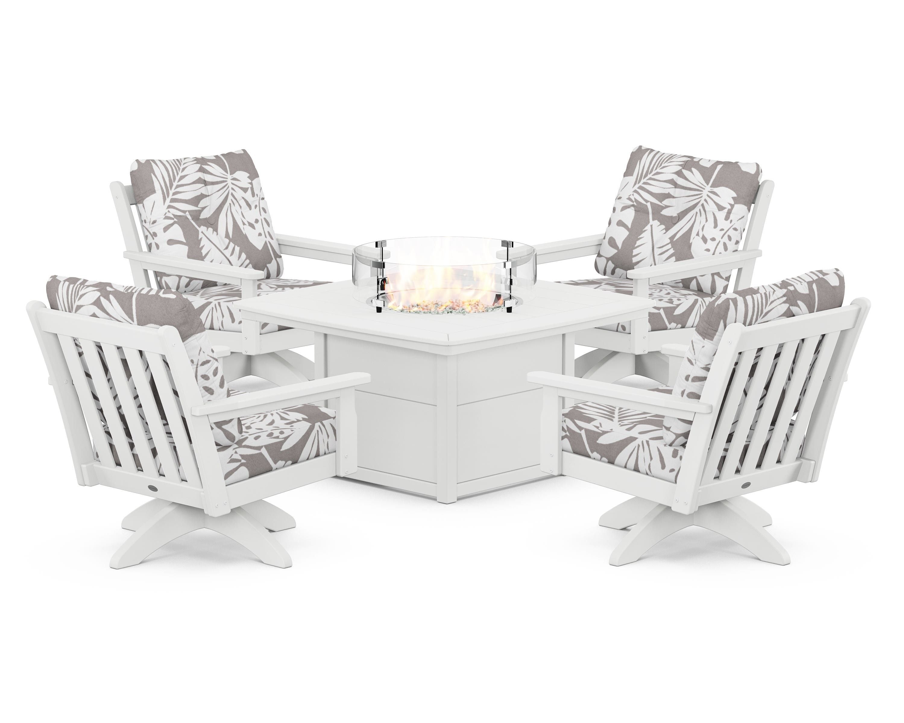 POLYWOOD® Vineyard 5-Piece Deep Seating Swivel Conversation Set with Fire Pit Table in White / Leaf Grey Mist