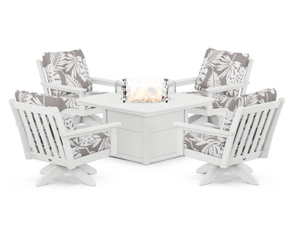 POLYWOOD® Vineyard 5-Piece Deep Seating Swivel Conversation Set with Fire Pit Table in White / Leaf Grey Mist