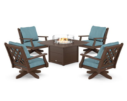 Country Living Wovendale 5-Piece Deep Seating Swivel Conversation Set with Fire Pit Table in Mahogany / Lattice Sky Blue