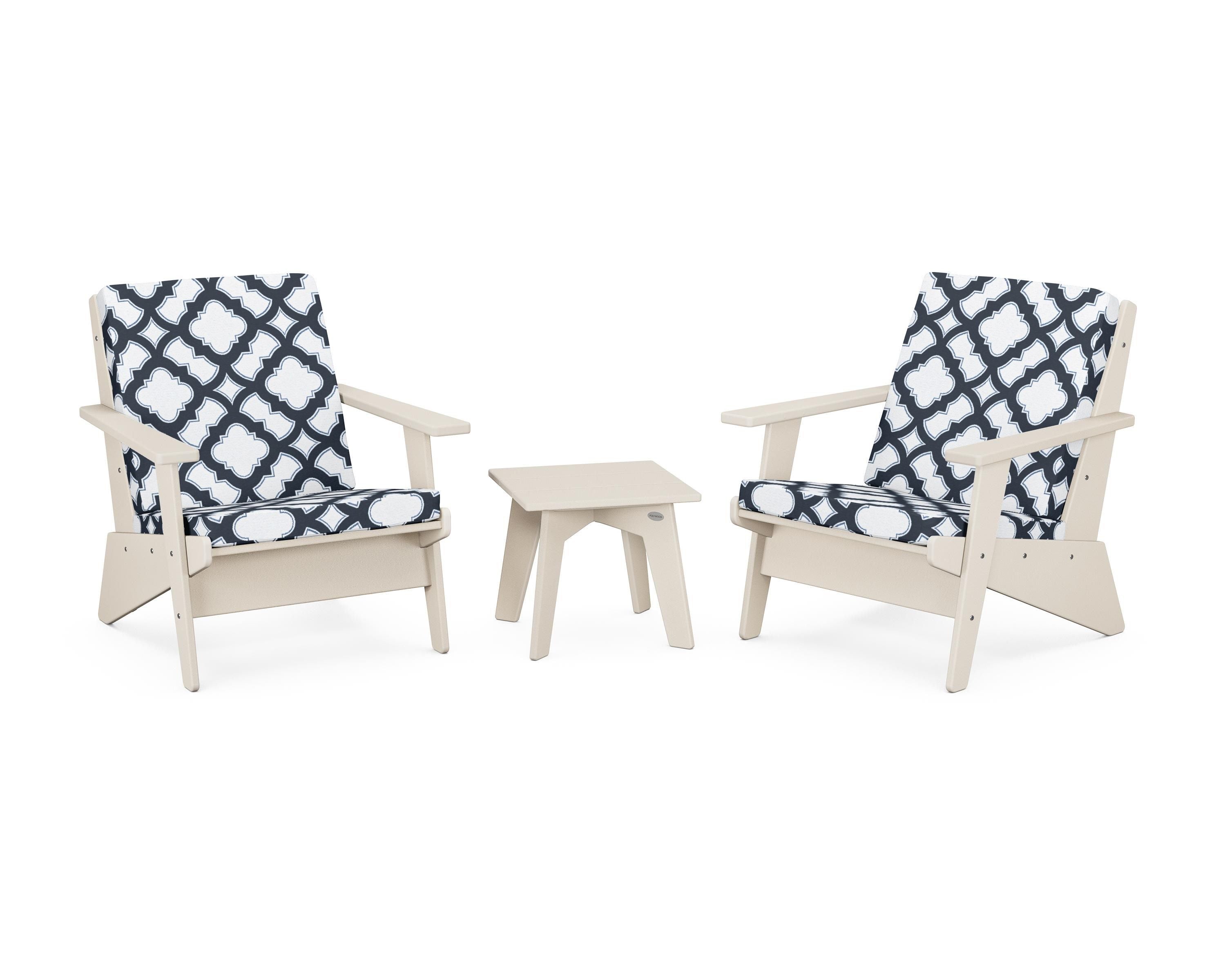POLYWOOD® Riviera Modern Lounge 3-Piece Set in Sand / Trellis Marine Indigo