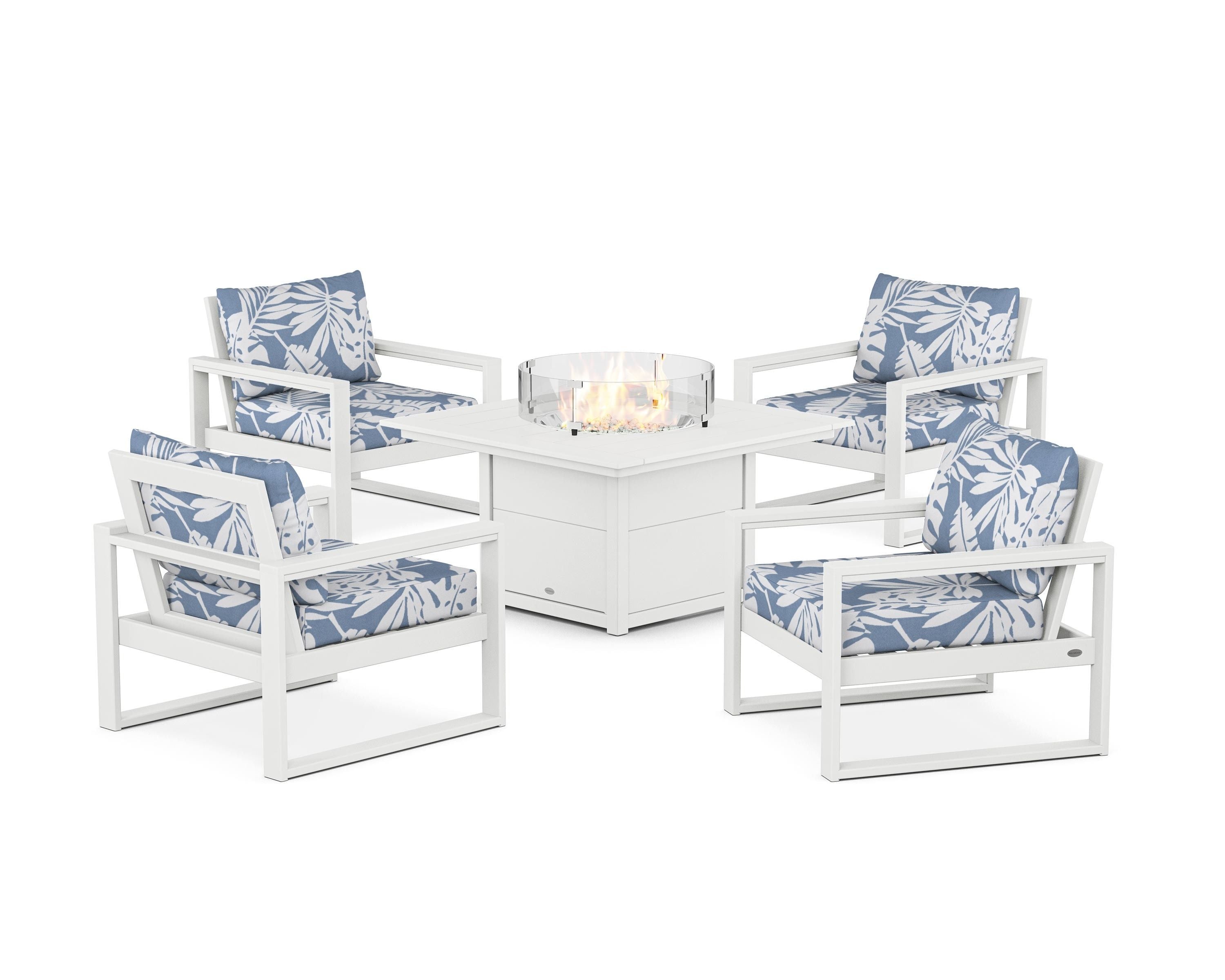 POLYWOOD® EDGE Sectional 5-Piece Deep Seating Set with Fire Pit Table in White / Leaf Sky Blue