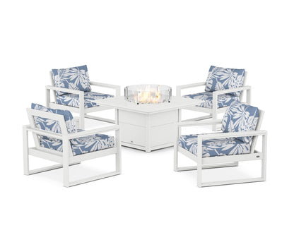 POLYWOOD® EDGE Sectional 5-Piece Deep Seating Set with Fire Pit Table in White / Leaf Sky Blue