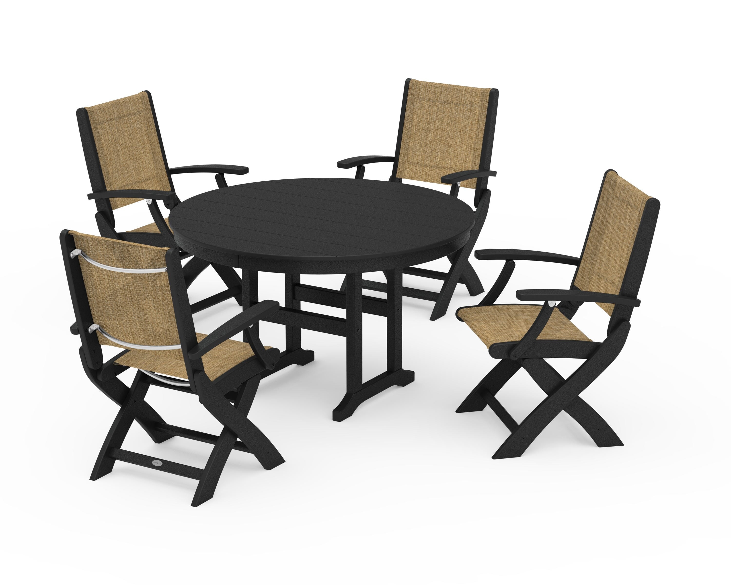 POLYWOOD® Coastal Folding Chair 5-Piece Round Dining Set in Black / Burlap Sling