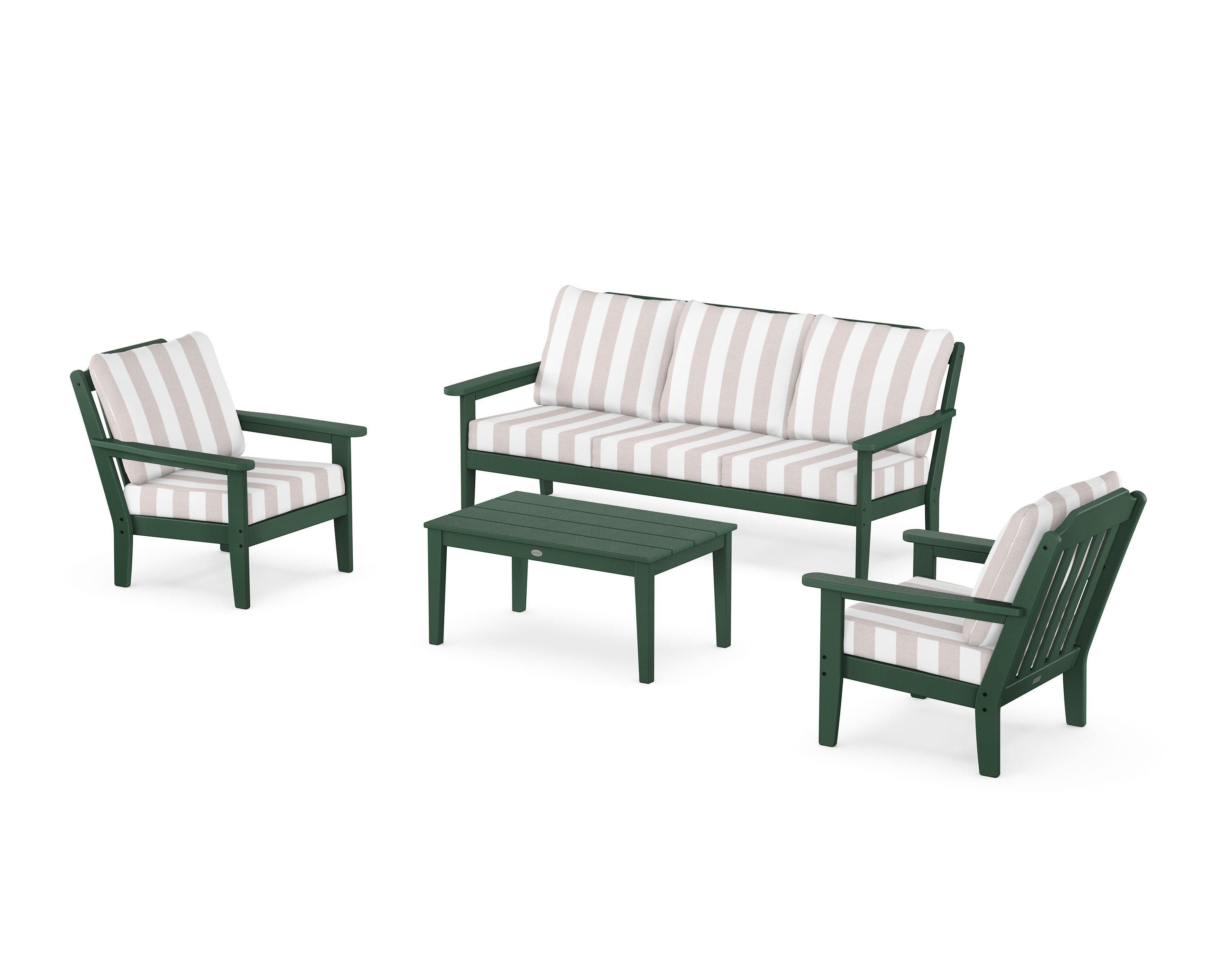 Country Living Cottage 4-Piece Deep Seating Set with Sofa in Green / Cabana Stripe Dune Burlap