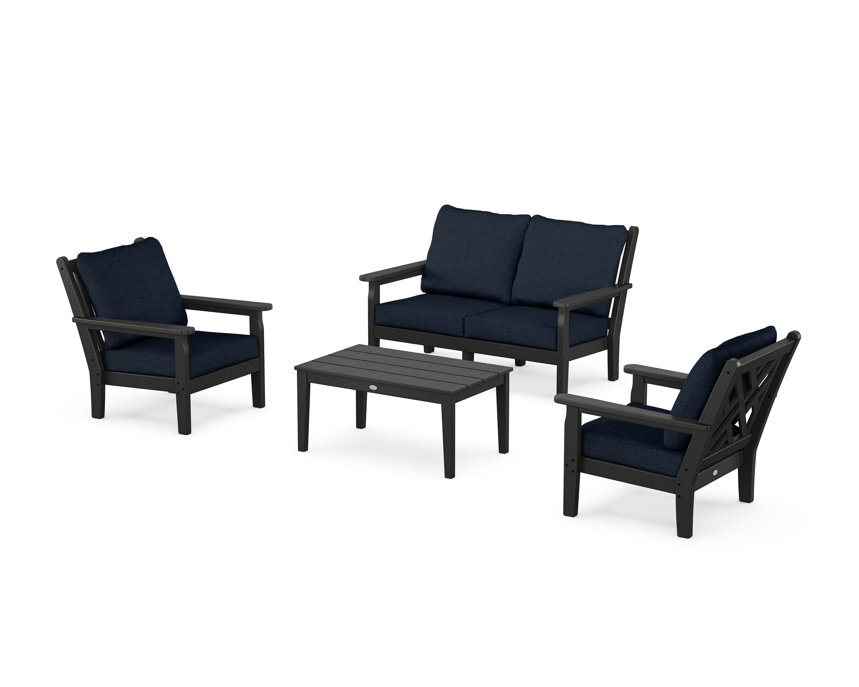 POLYWOOD® Chippendale 4-Piece Deep Seating Set with Loveseat in Black / Marine Indigo