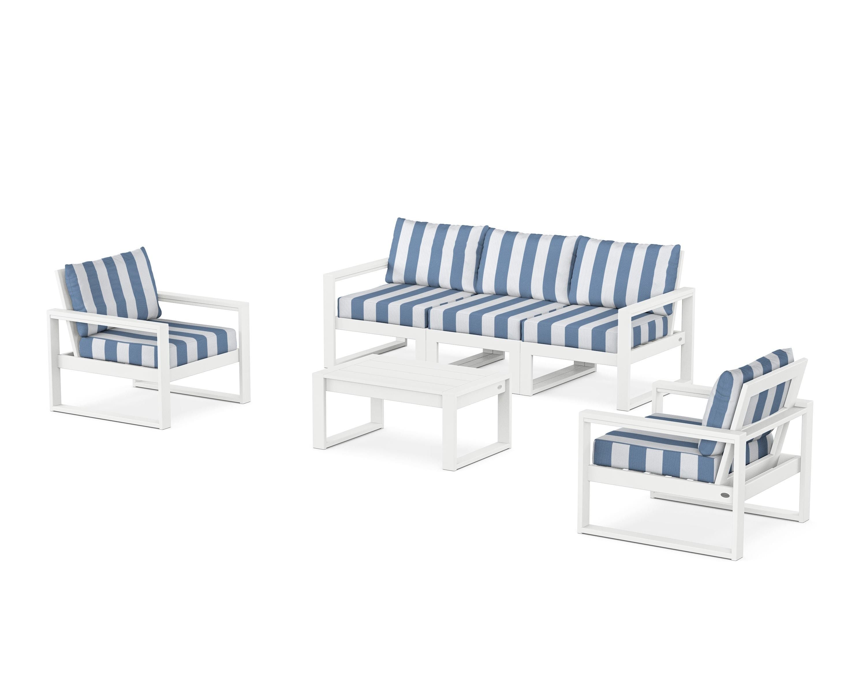 POLYWOOD® EDGE Sectional 4-Piece Deep Seating Set with Sofa in White / Cabana Stripe Sky Blue