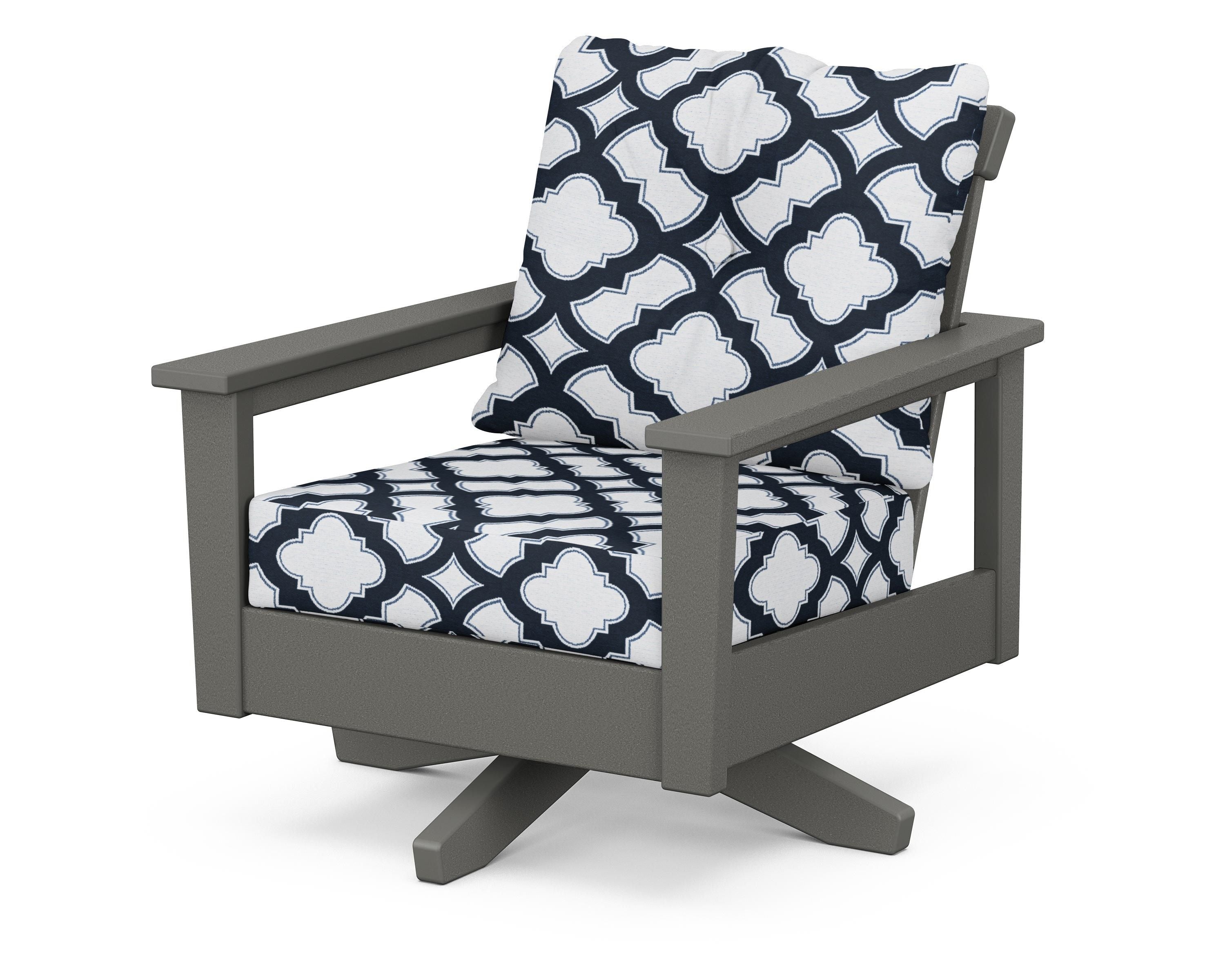 POLYWOOD® Prescott Deep Seating Swivel Chair in Slate Grey / Trellis Marine Indigo