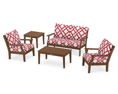 POLYWOOD® Braxton 5-Piece Deep Seating Set in Teak / Trellis Crimson