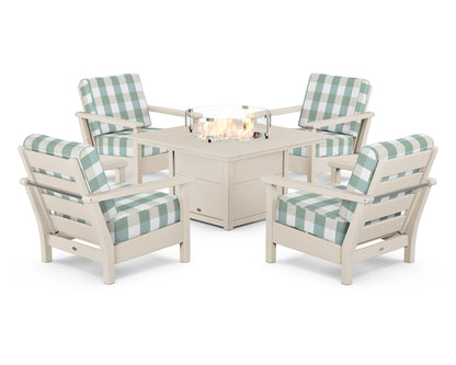 POLYWOOD® Harbour 5-Piece Conversation Set with Fire Pit Table in Sand / Buffalo Plaid Glacier Spa
