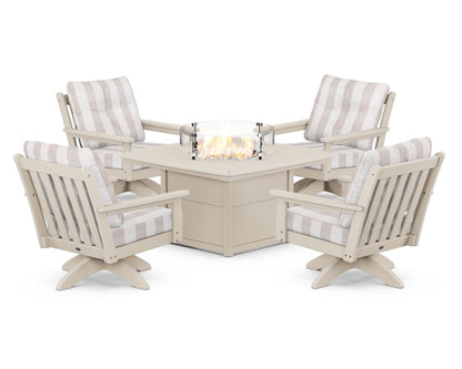 POLYWOOD® Vineyard 5-Piece Deep Seating Swivel Conversation Set with Fire Pit Table in Sand / Buffalo Plaid Dune Burlap