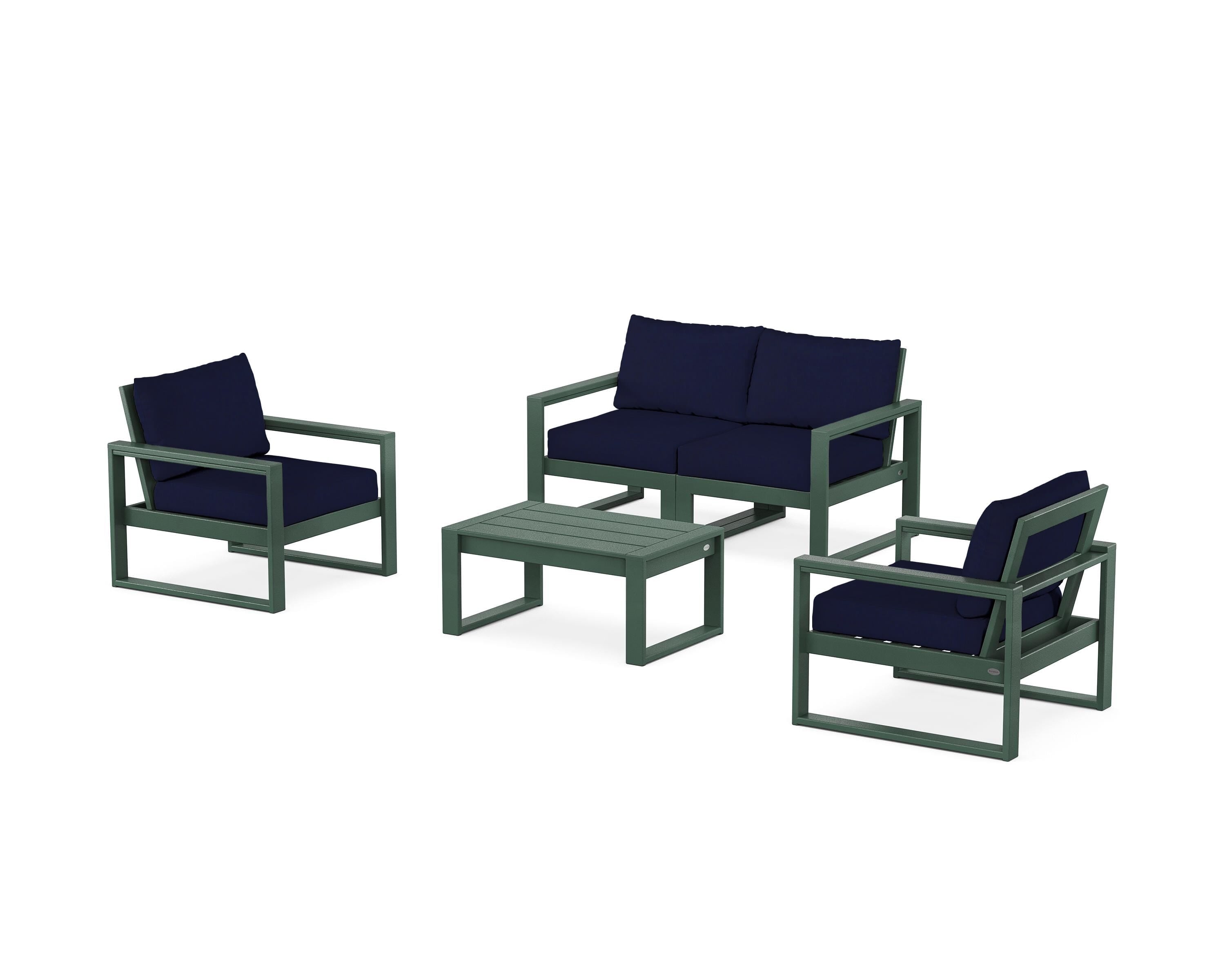 POLYWOOD® EDGE Sectional 4-Piece Deep Seating Set with Loveseat in Green / Navy