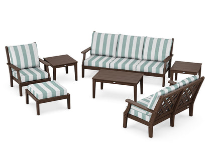 Country Living Wovendale 7-Piece Deep Seating Set in Mahogany / Cabana Stripe Glacier Spa