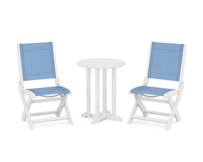 POLYWOOD® Coastal Folding Side Chair 3-Piece Round Bistro Dining Set in White / Poolside Sling