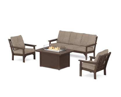 POLYWOOD® Vineyard Deep Seating Fire Pit Table Set in Mahogany / Spiced Burlap
