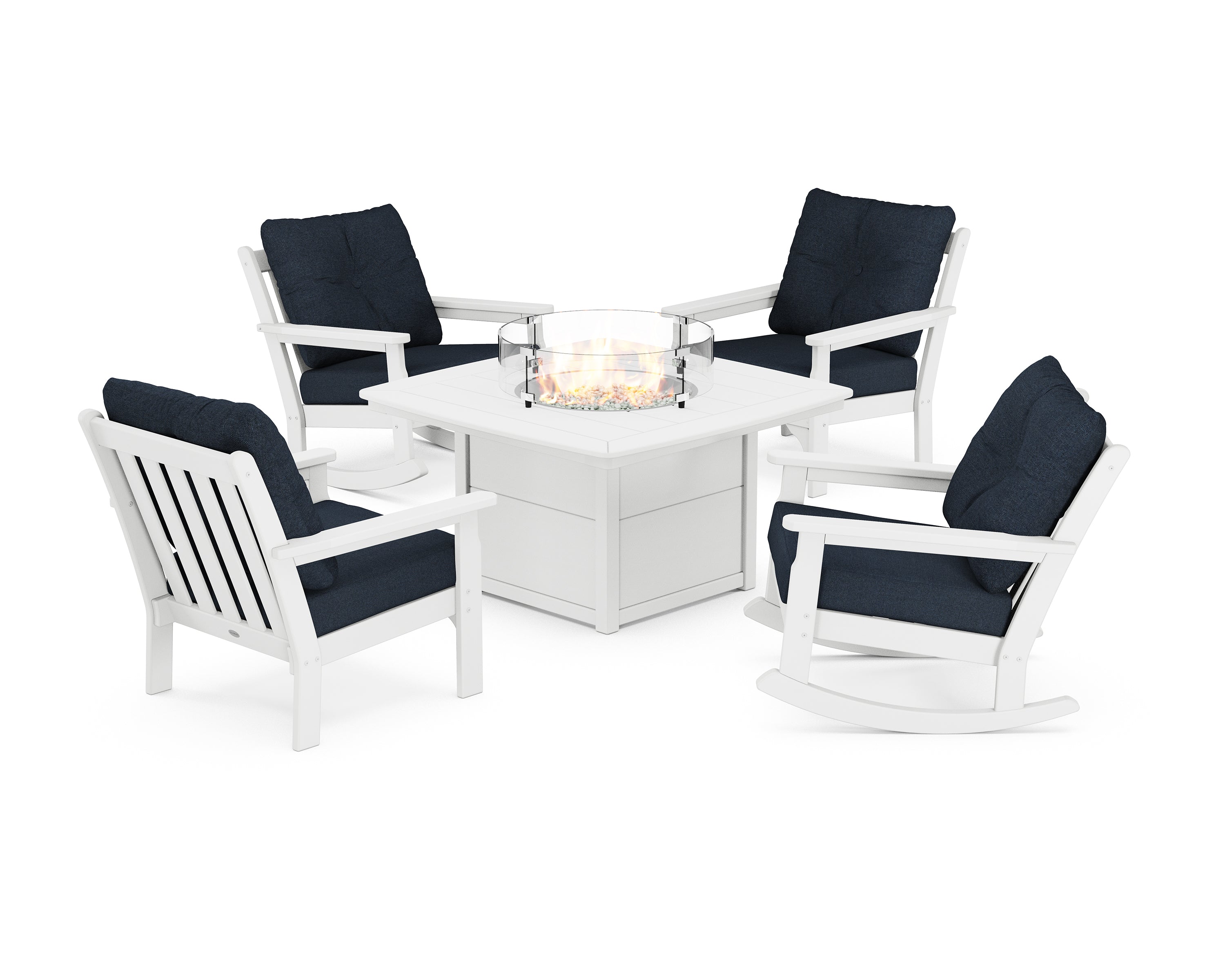 POLYWOOD® Vineyard 5-Piece Deep Seating Rocking Chair Conversation Set with Fire Pit Table in White / Marine Indigo