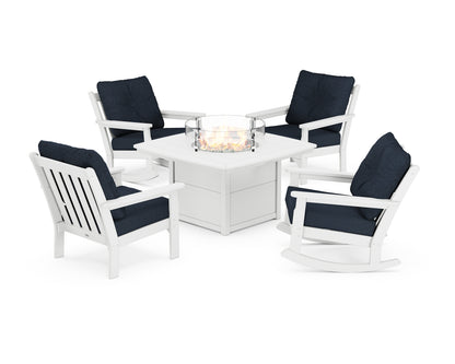 POLYWOOD® Vineyard 5-Piece Deep Seating Rocking Chair Conversation Set with Fire Pit Table in White / Marine Indigo