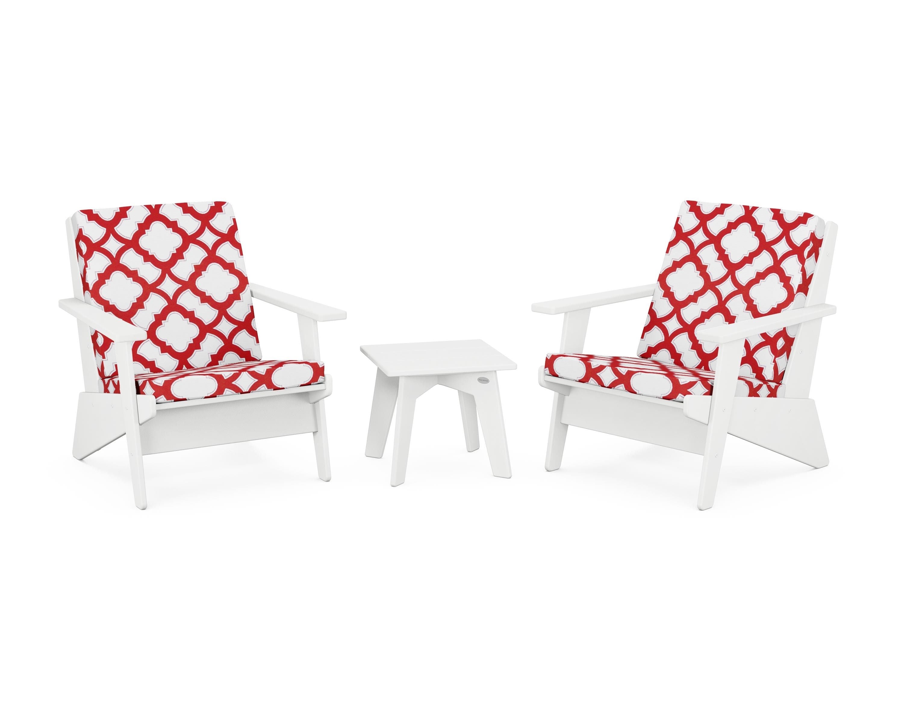 POLYWOOD® Riviera Modern Lounge 3-Piece Set in White / Trellis Crimson