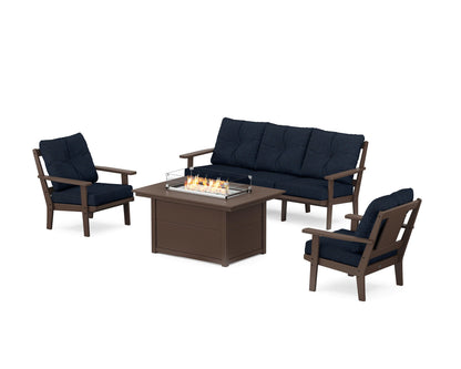 POLYWOOD® Prairie Deep Seating Fire Pit Table Set in Mahogany / Marine Indigo