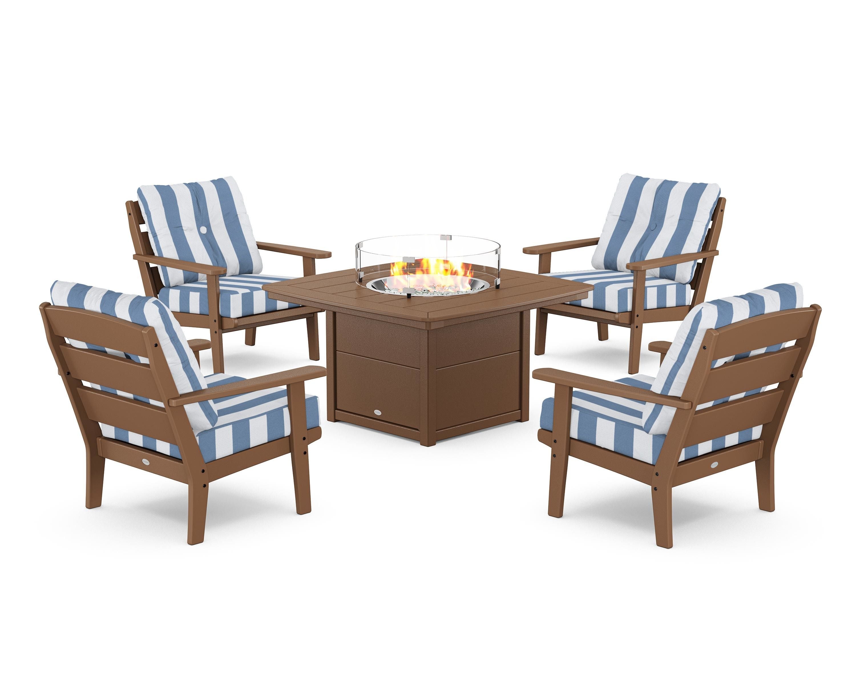POLYWOOD® Lakeside 5-Piece Deep Seating Set with Nautical Fire Pit Table in Teak / Cabana Stripe Sky Blue