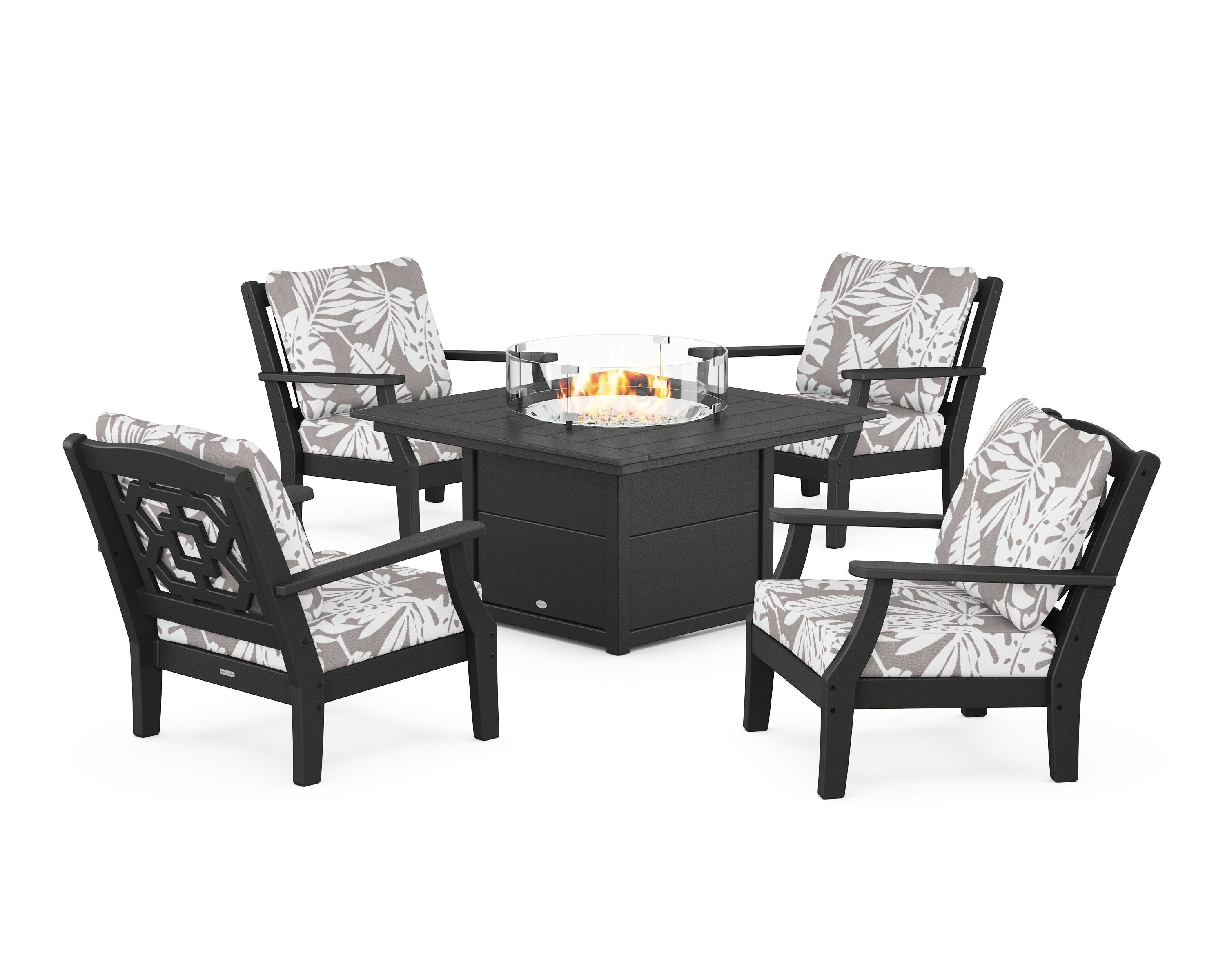 Martha Stewart by POLYWOOD® Chinoiserie 5-Piece Deep Seating Set with Fire Pit Table in Black / Leaf Grey Mist