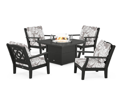 Martha Stewart by POLYWOOD® Chinoiserie 5-Piece Deep Seating Set with Fire Pit Table in Black / Leaf Grey Mist
